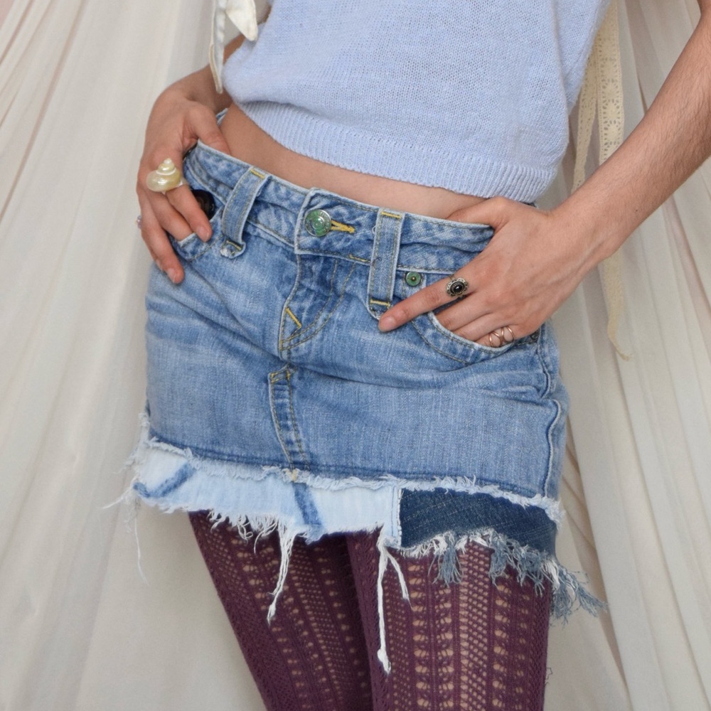 True Religion distressed patchwork denim mini skirt